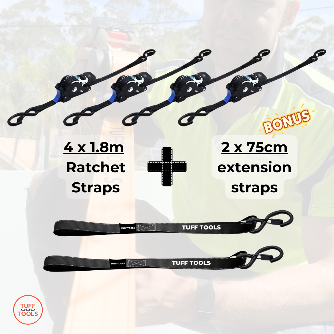 Retractable Ratchet Strap - 1.8m 4X Strap Value Set (Black)
