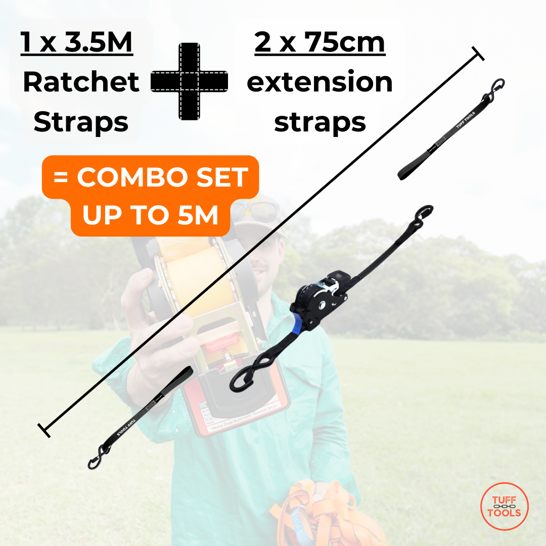 Retractable Ratchet Strap - 5m x 25mm Combo set (Black)