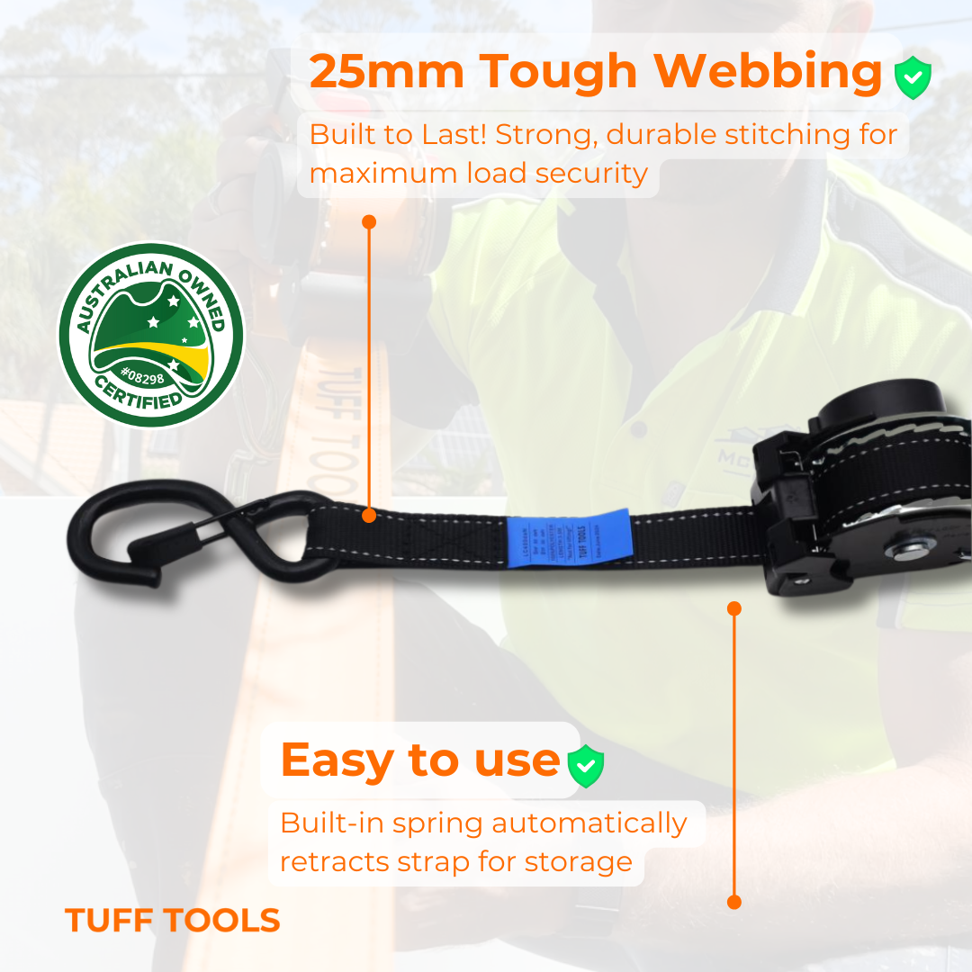 Retractable Ratchet Strap - 2.55m x 25mm Combo Set (Black)